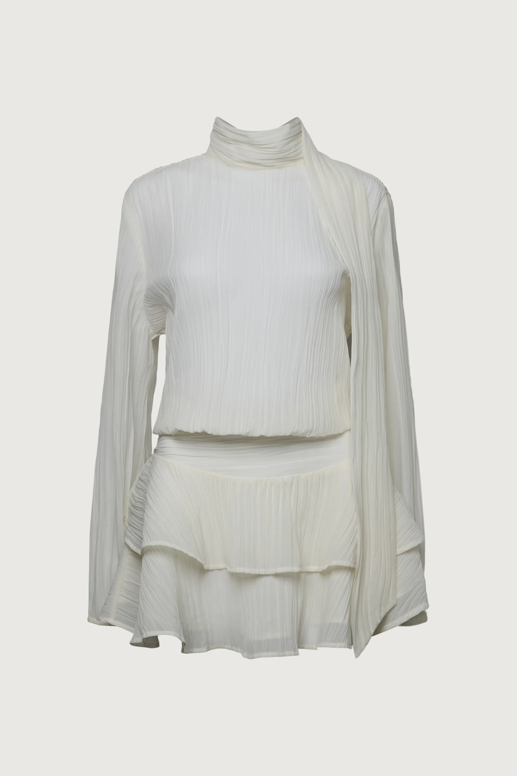 MOCKNECK LONG SLEEVE SHEER RUFFLED MINI DRESS - Image 3
