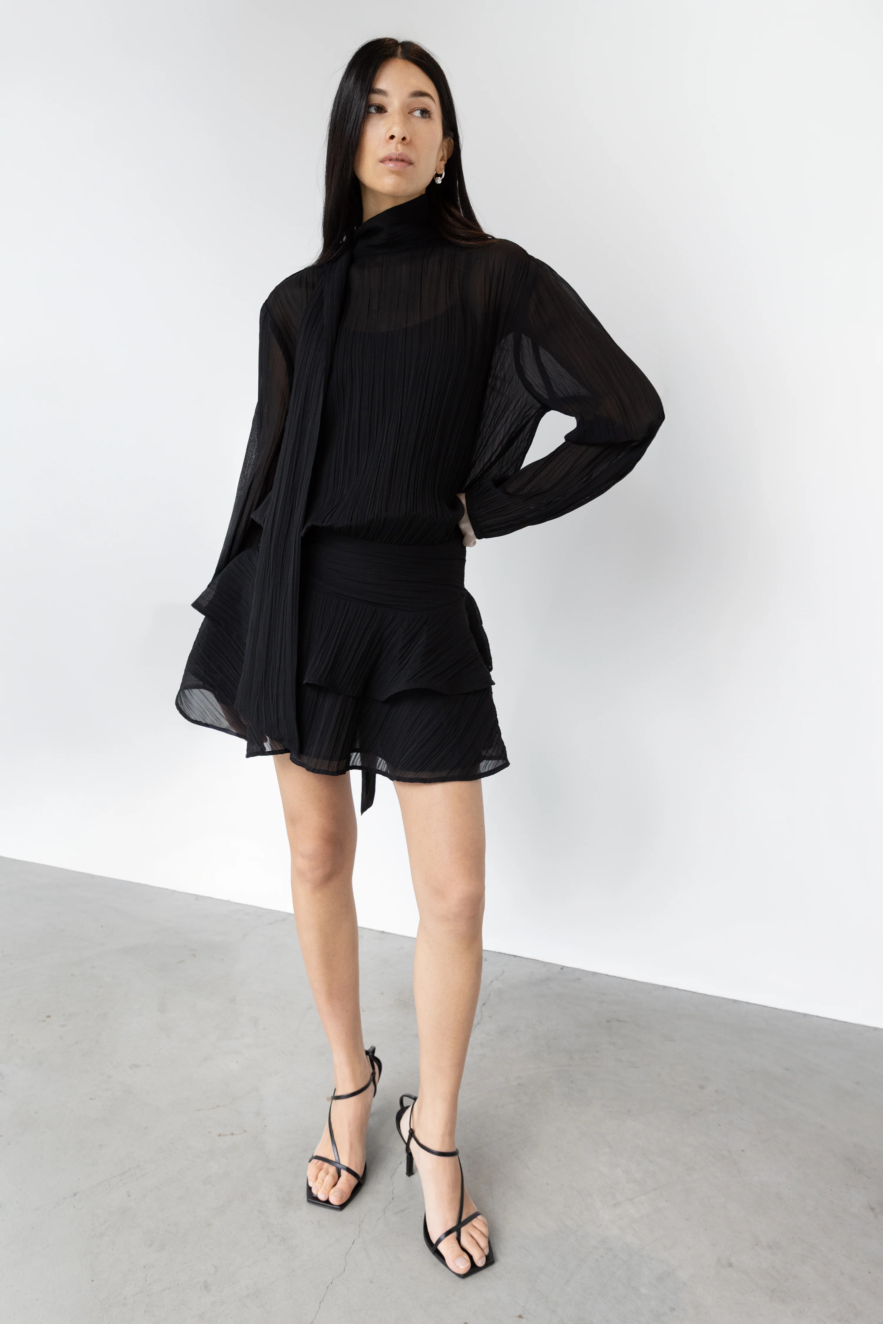 MOCKNECK LONG SLEEVE SHEER RUFFLED MINI DRESS - Image 5