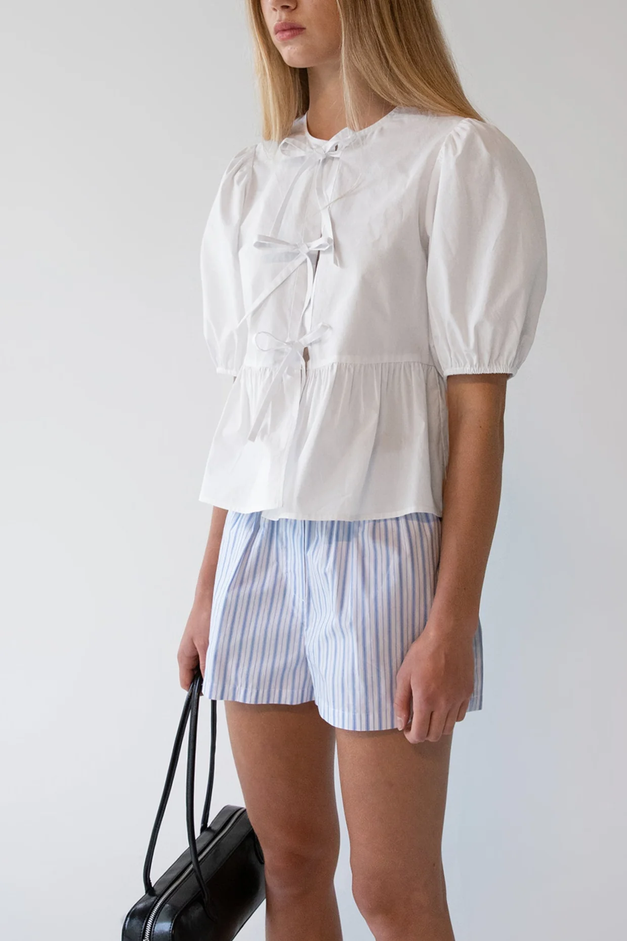 PUFF SLEEVE COTTON POPLIN BOW FRONT BLOUSE - Image 4