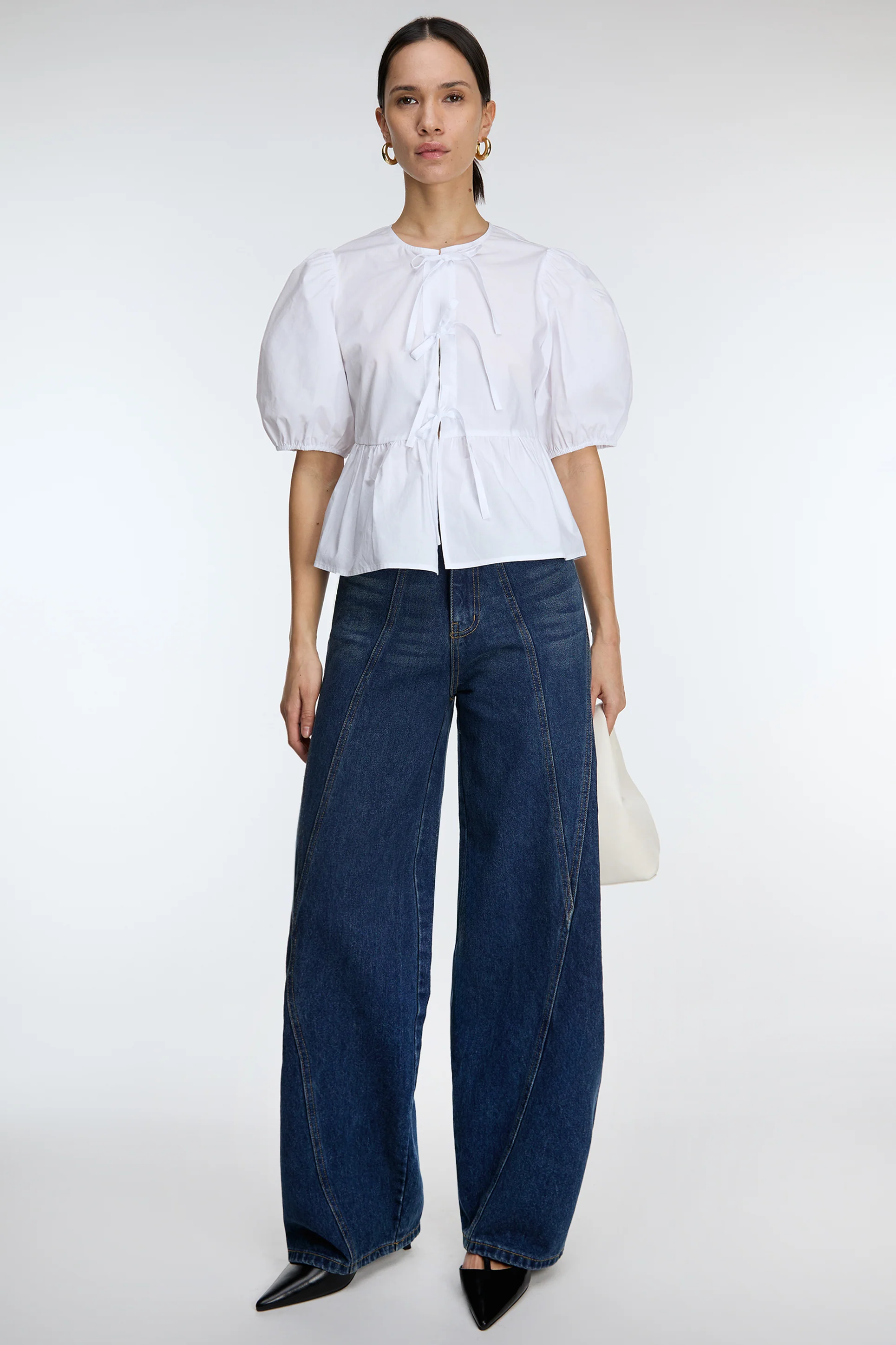PUFF SLEEVE COTTON POPLIN BOW FRONT BLOUSE - Image 5