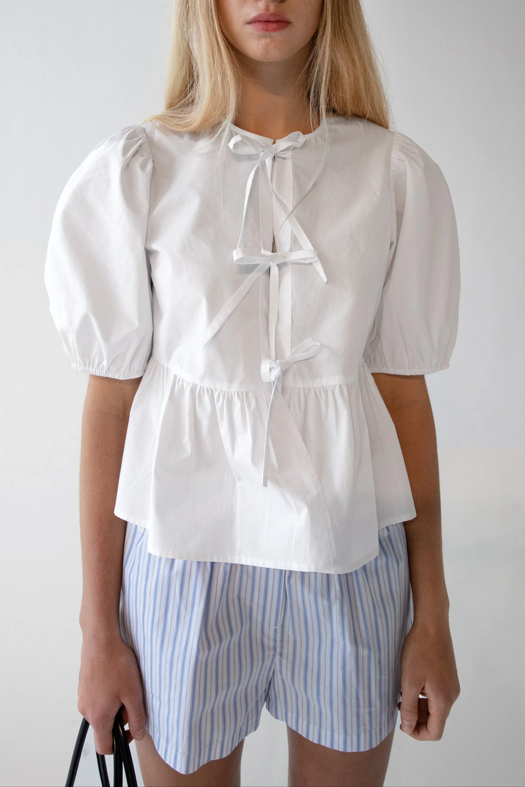 PUFF SLEEVE COTTON POPLIN BOW FRONT BLOUSE - Image 6