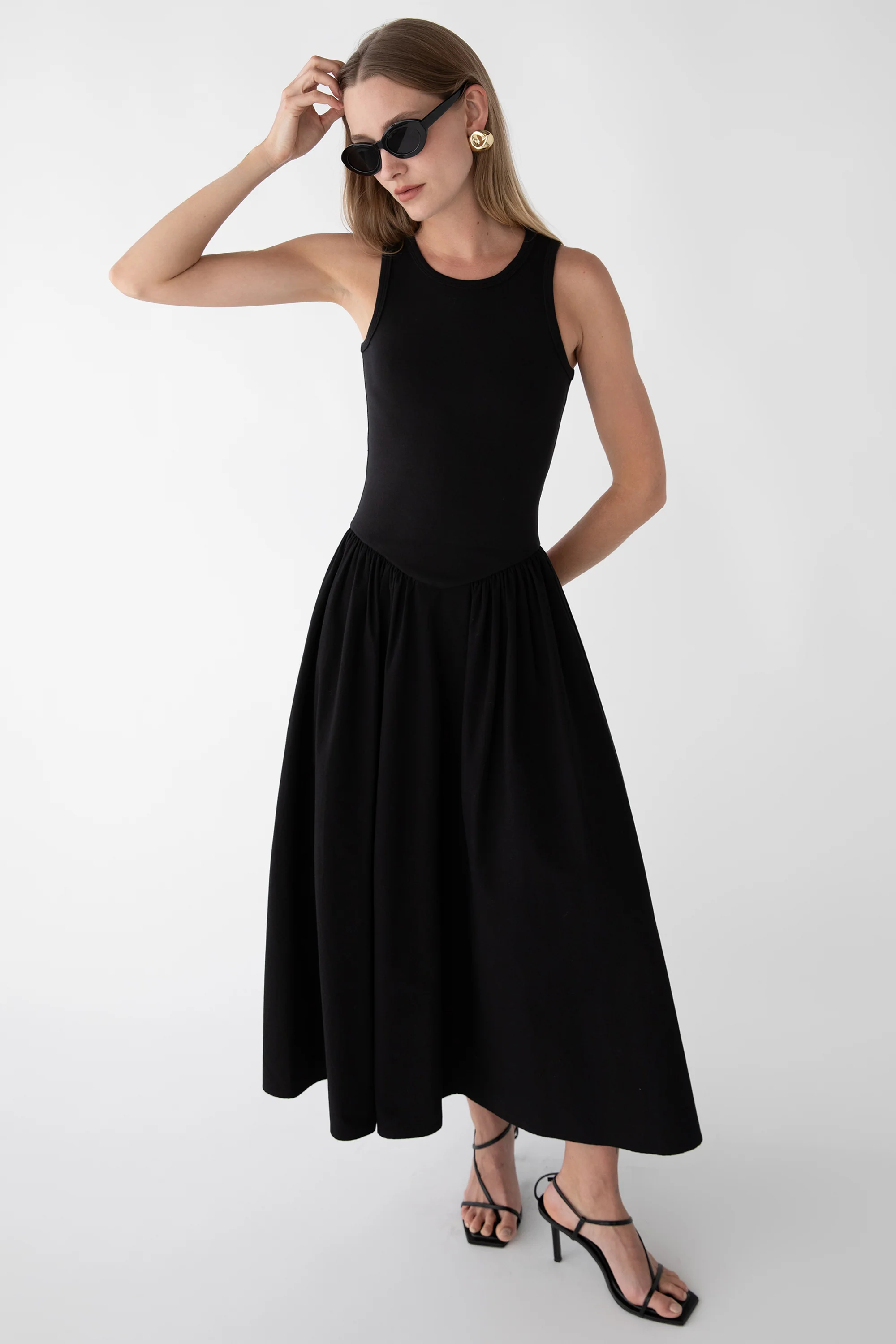 POPLIN RIB-KNIT DROP WAIST MIDI DRESS - Image 4