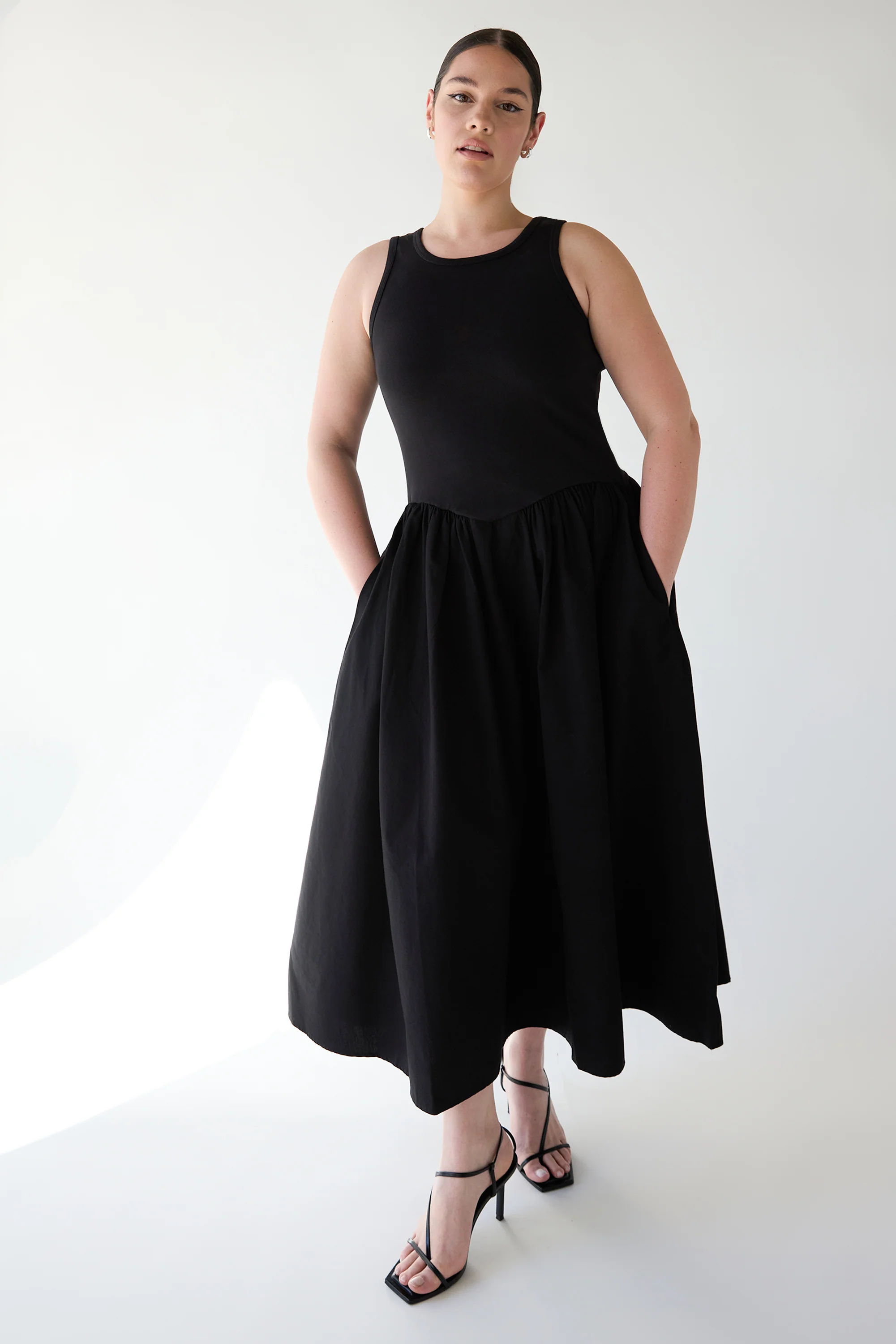 POPLIN RIB-KNIT DROP WAIST MIDI DRESS - Image 6