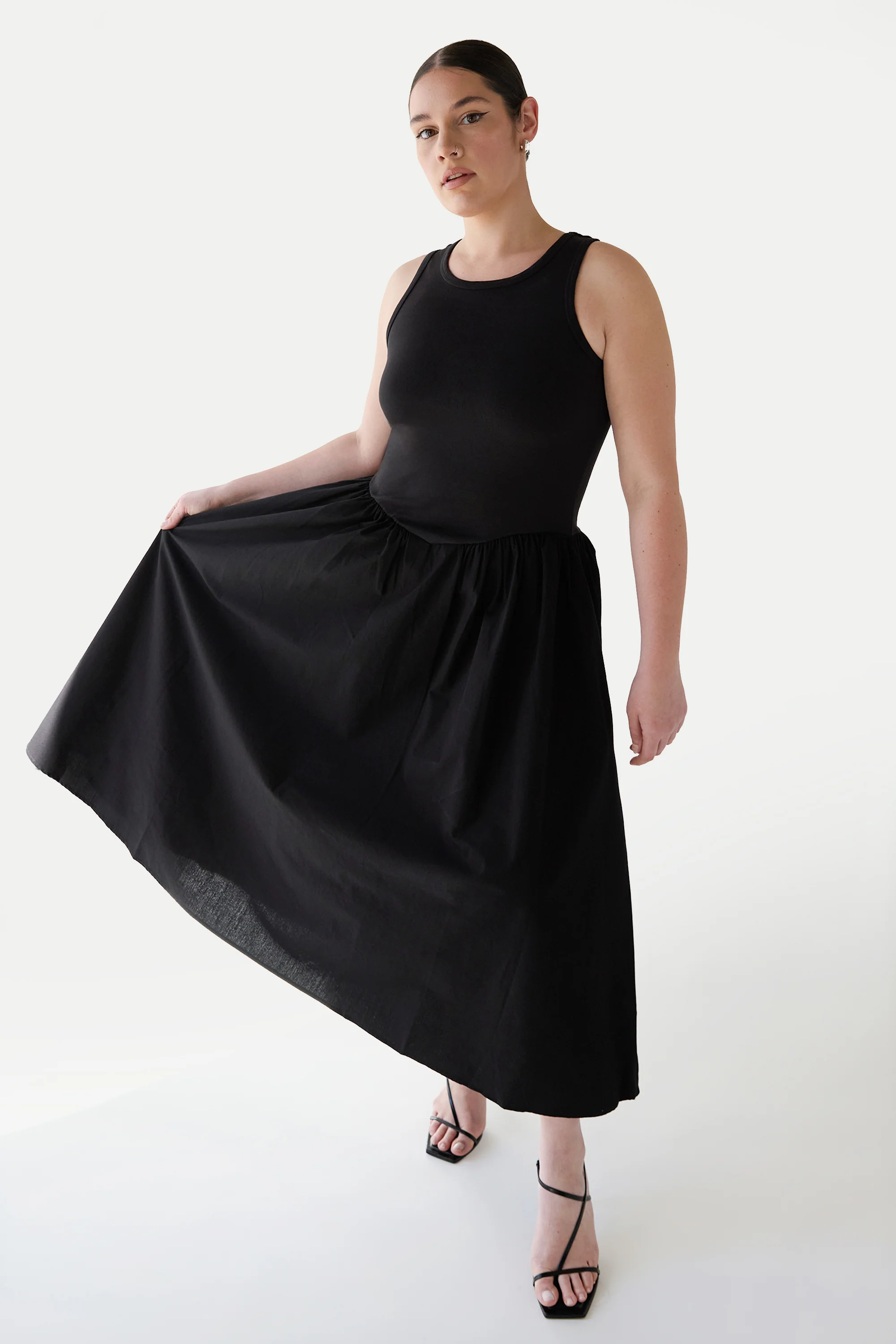POPLIN RIB-KNIT DROP WAIST MIDI DRESS - Image 7